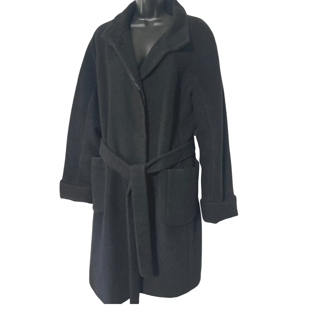 Katherine Kelly Black Alpaca Wool Blend Wrap Coat Shawl Collar Size 14 Womens